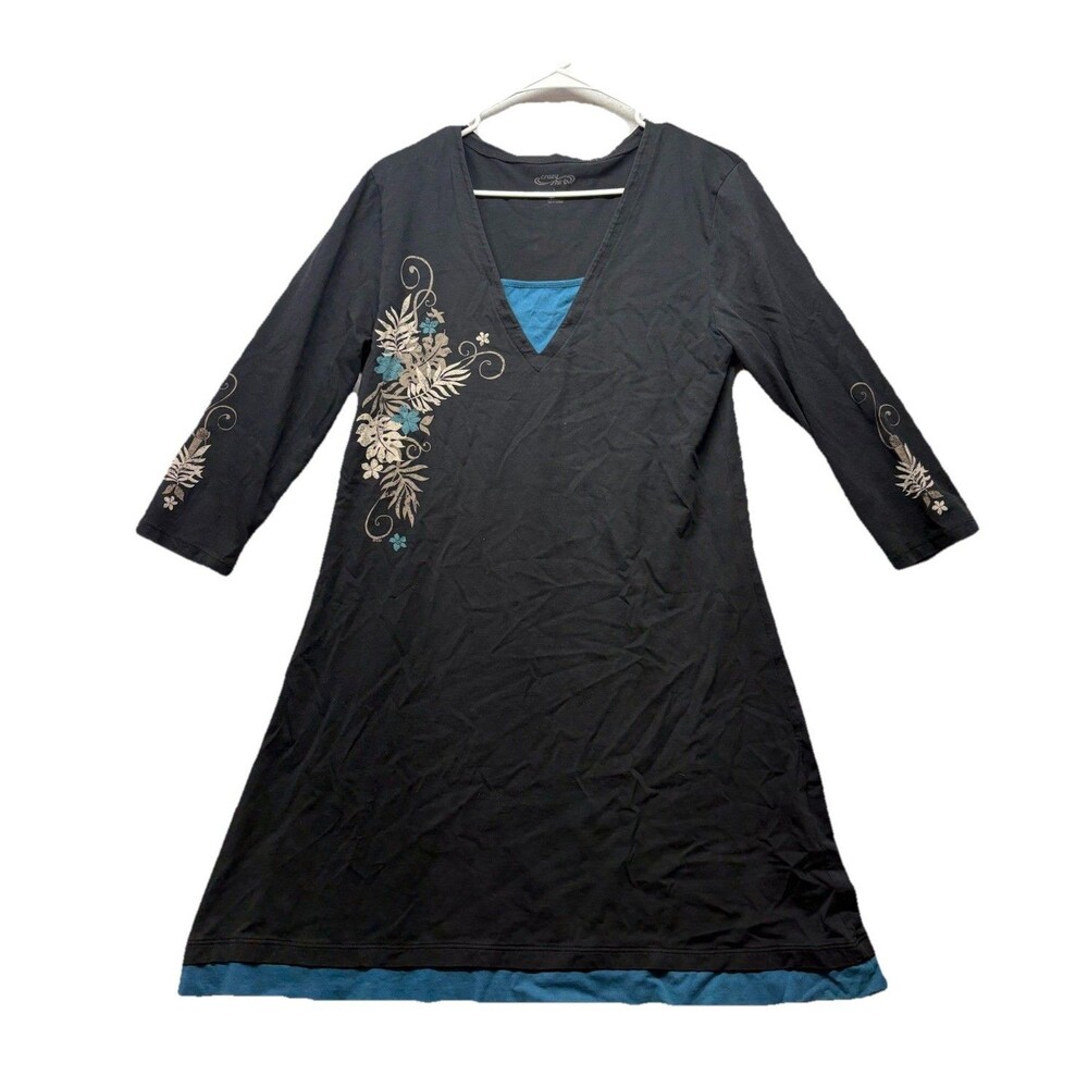 Crazy Shirt Hawaii 3/4 Sleeve Floral Shirt Dress Women Large Pima Cotton Black